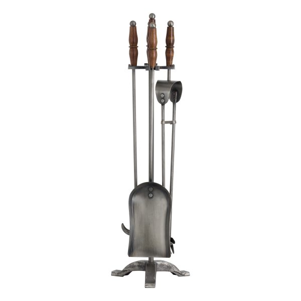 Hand-Turned Fire Companion Set in Antique Pewter With Wooden Handles
