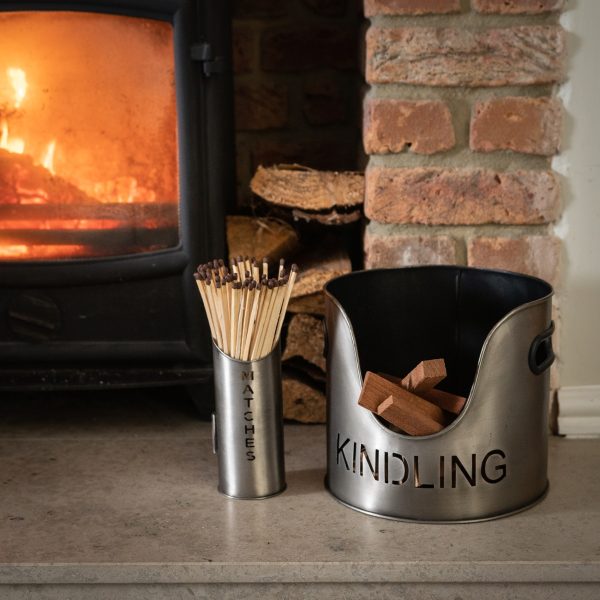 Pewter Finish Log and Kindling Buckets and Matchstick Holder