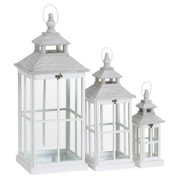 Set of Three White Window Style Lanterns With Open Top