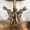 Antique Gold Marching Hares Lamp With Green Velvet Shade