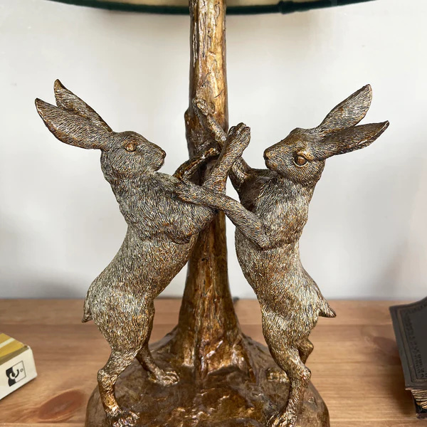 Antique Gold Marching Hares Lamp With Green Velvet Shade