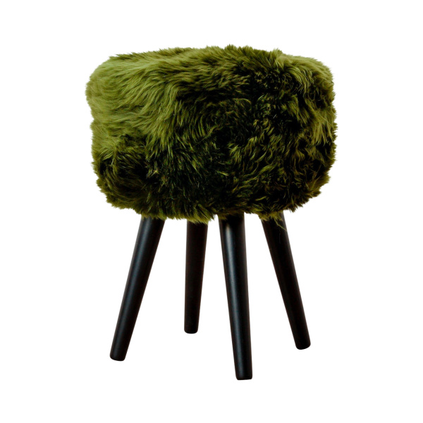 Olive Green Sheepskin Wood Stool – Black