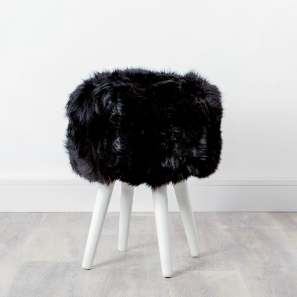 Black Sheepskin Wood Stool – White