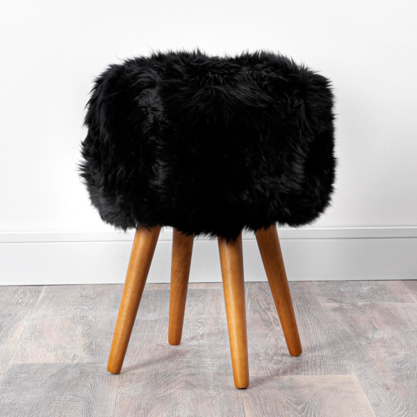 Black Sheepskin Wood Stool – Wood Stain