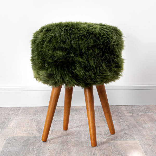 Olive Green Sheepskin Wood Stool – Wood Stain