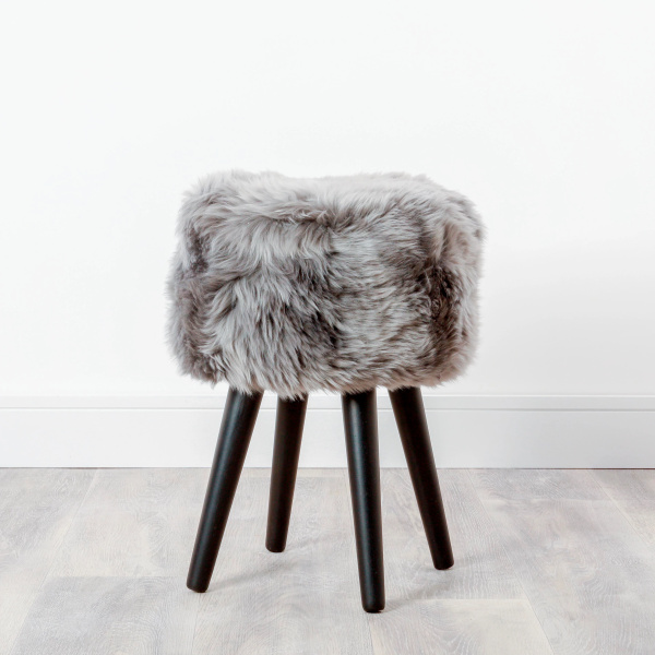 Grey Sheepskin Wood Stool – Black