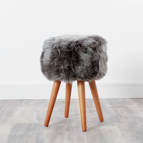 Grey Sheepskin Wood Stool – Wood Stain