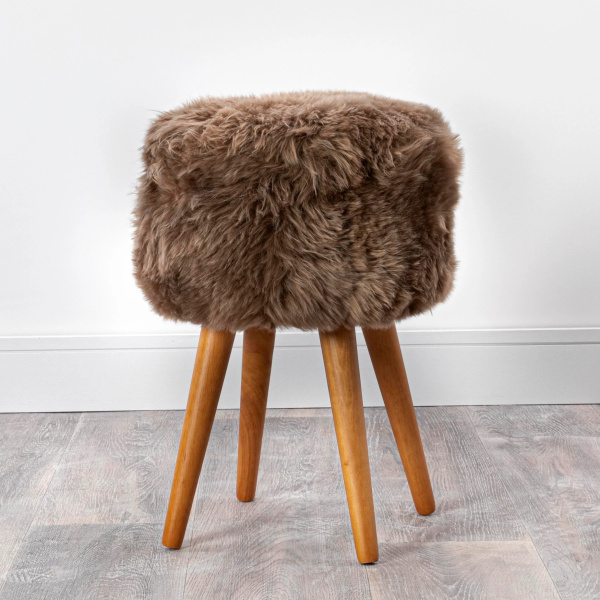 Light Brown Sheepskin Wood Stool – Wood Stain
