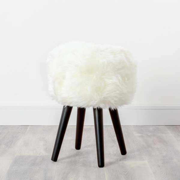 Natural White Sheepskin Wood Stool – Black