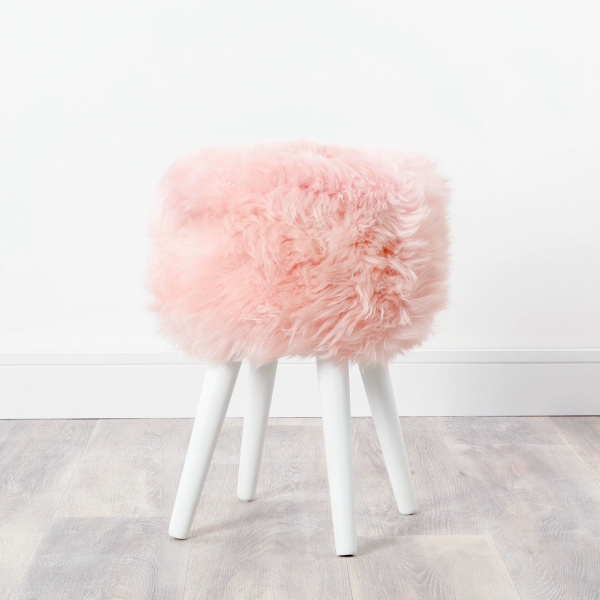 Blush Pink Sheepskin Wood Stool – White