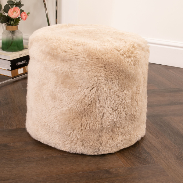 Cream/Beige Short Pile Sheepskin Pouf