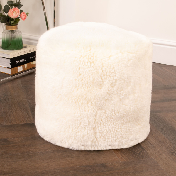 White/Ivory Short Pile Sheepskin Pouf