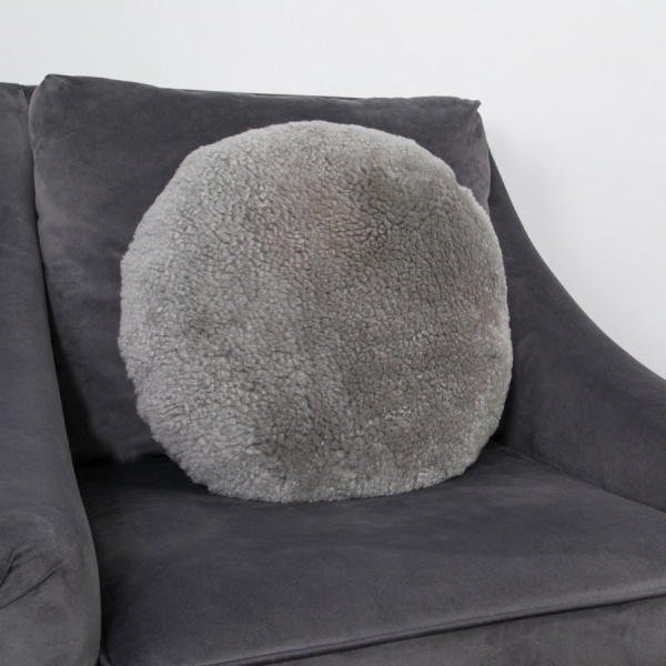 Grey Short Pile Sheepskin Cushion Round