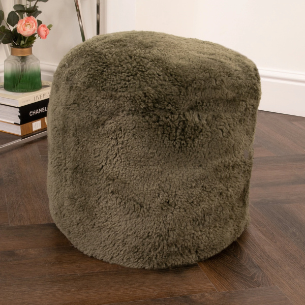 Green Khaki Short Pile Sheepskin Pouf