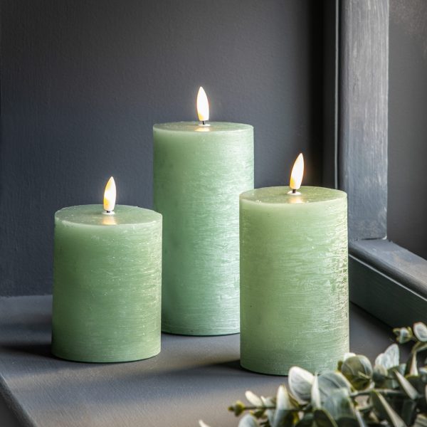 Set of Three Rustic LED Candles Sage